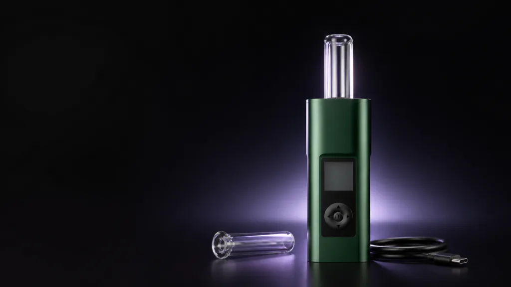 Arizer Solo III v2.0 verde com tubos de vidro e cabo USB-C em cenário escuro